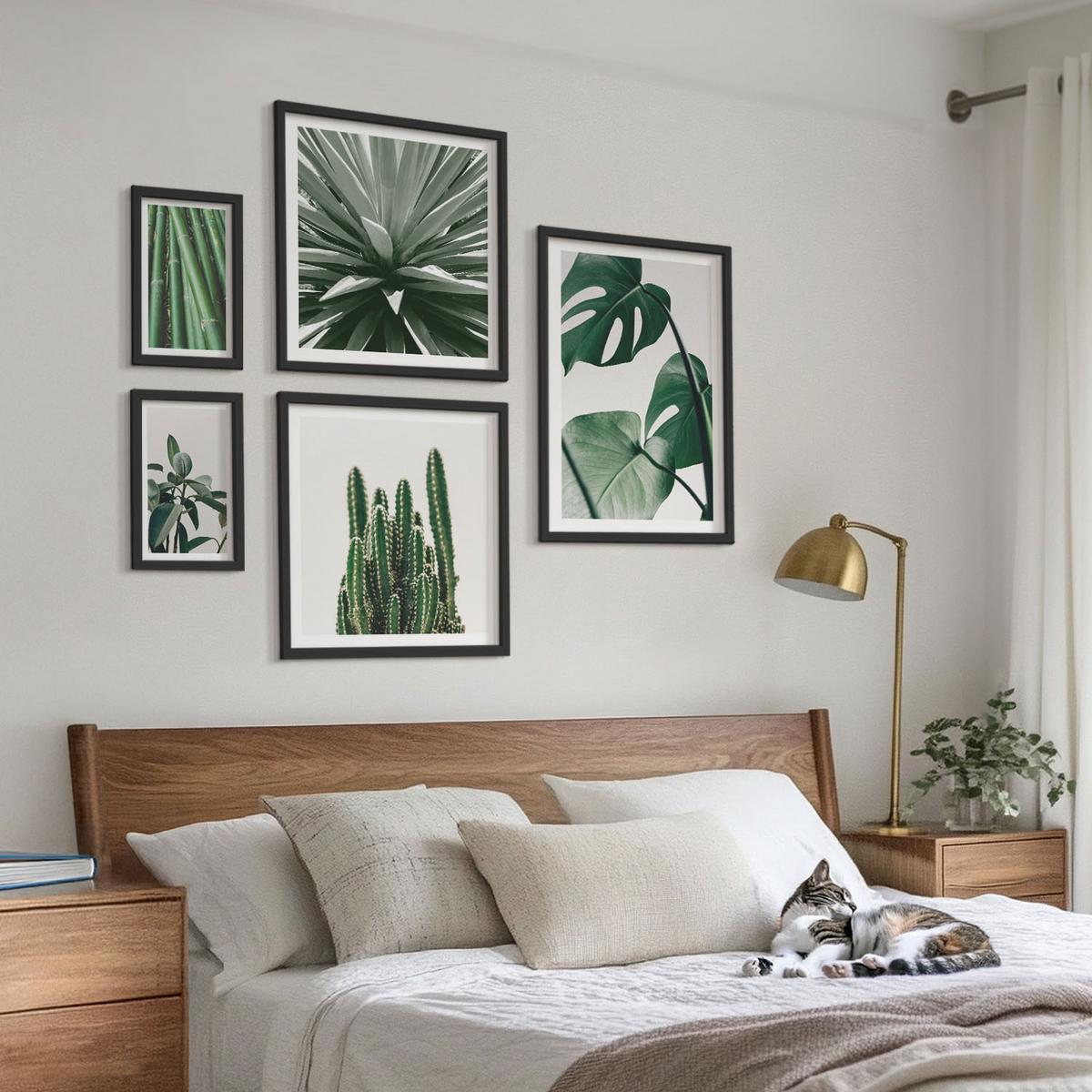 BILDER SET 5er Set - 50x50 cm & 20x30 cm & 40x60 cm Schwarzer Rahmen - Bambusblätter - Schwarz, Kunststoff (40/60cm) - TULUP