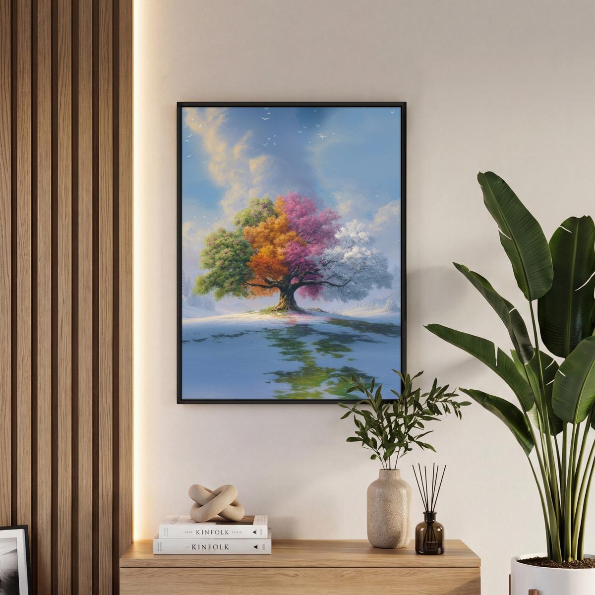 LEINWAND Bilder mit Rahmen - Baum - Jahreszeiten - Winter - Landschaft - 60x80 - Multicolor, Textil (60/80cm) - MuchoWow