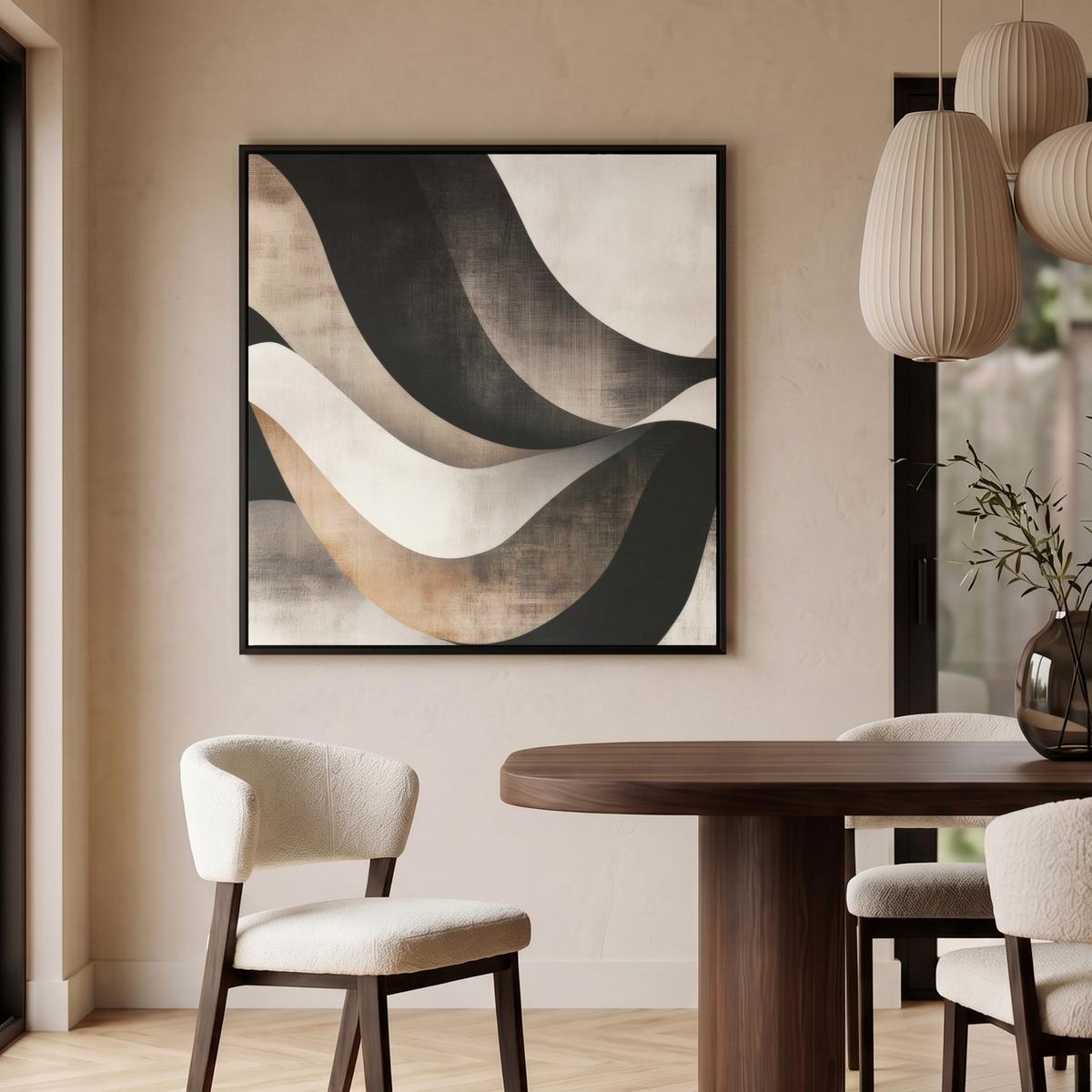 LEINWAND Bilder mit Rahmen - Abstrakt - Wellen - Schwarz - Verwittert - 90x90 - Trüffeleichefarben, Textil (90/90cm) - MuchoWow