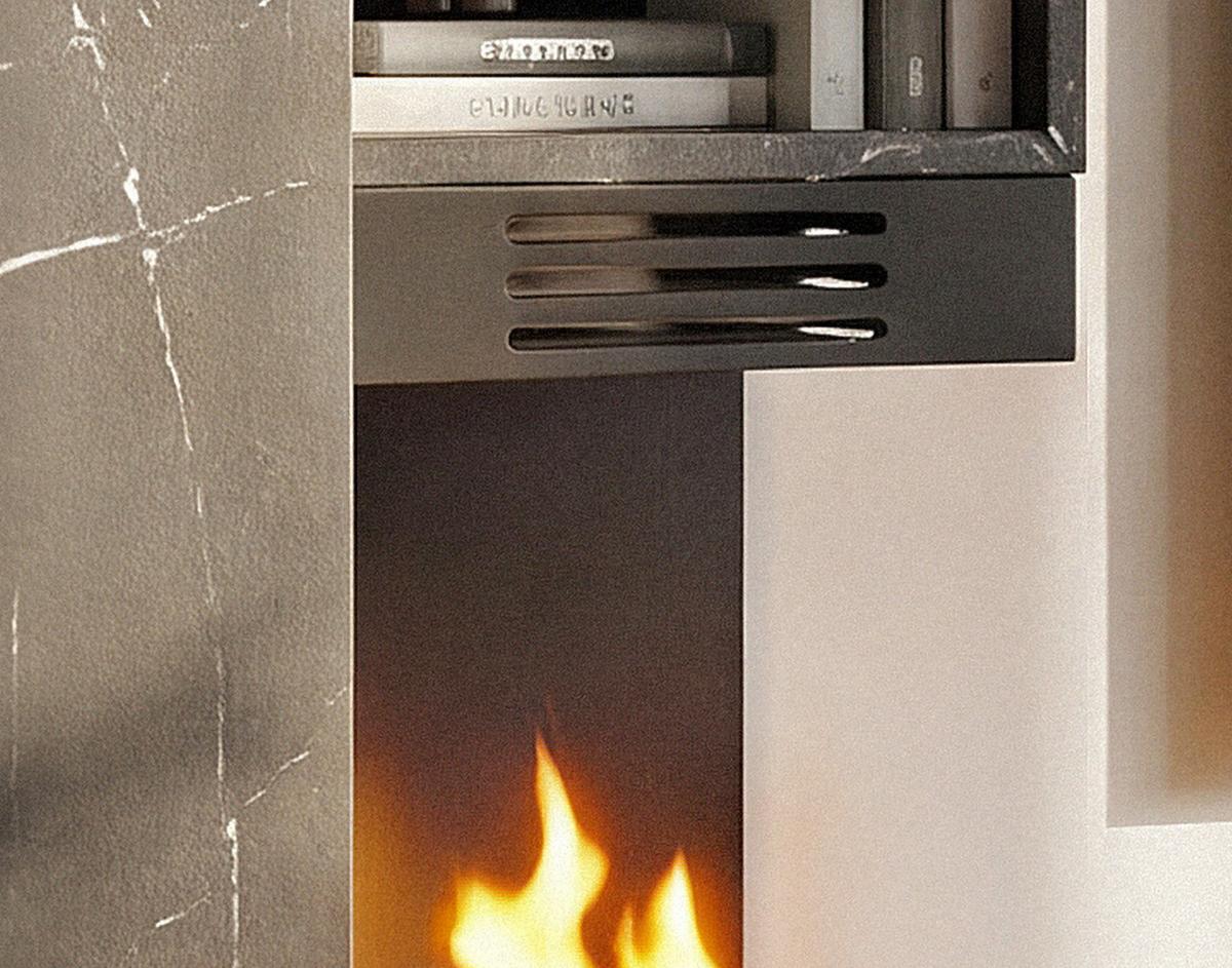 WOHNWAND Marmor schwarz, Lehm-Grau 270 cm, Schrankwand mit Ethanol Kamin, Push-to-Open - Schwarz/Grau, Holzwerkstoff (270/158/38cm) - Inn.Furn