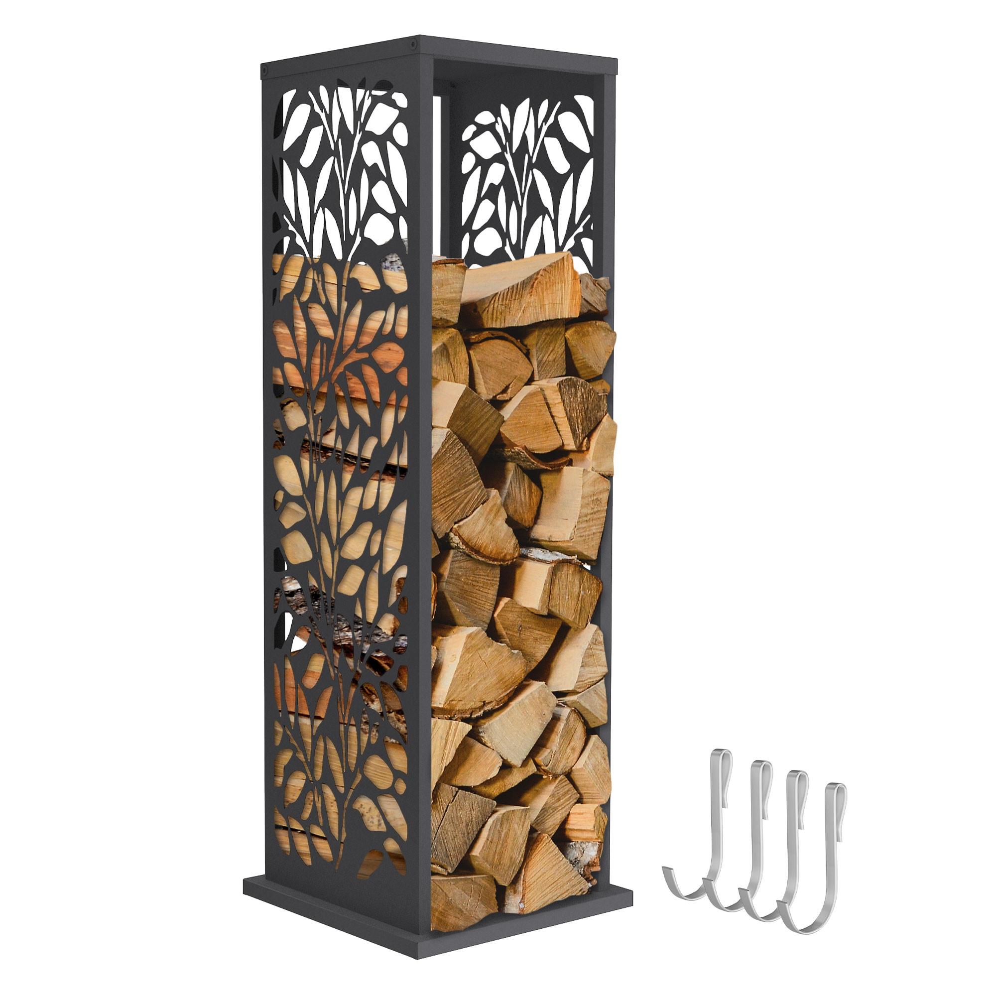 KAMINHOLZREGAL Innen Außen Brennholzregal 37,5x37,5x112 cm Stahl Verzinkt Anthrazit Blätter-Motiv - Anthrazit, Metall (37.5/112/37.5cm) - ML-DESIGN