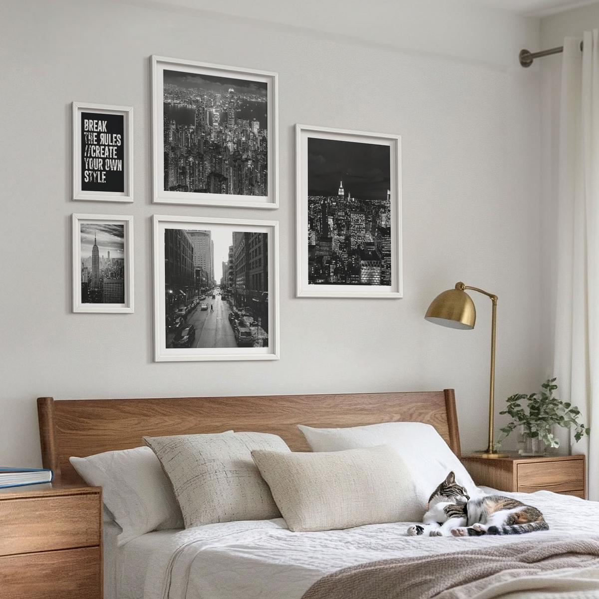 BILDER SET 5er Set - 50x50 cm & 20x30 cm & 40x60 cm Weißer Rahmen - Inspiration für Schwarz-Weiß-Darstellungen von Stadtstraßen - Weiß, Kunststoff (40/60cm) - TULUP