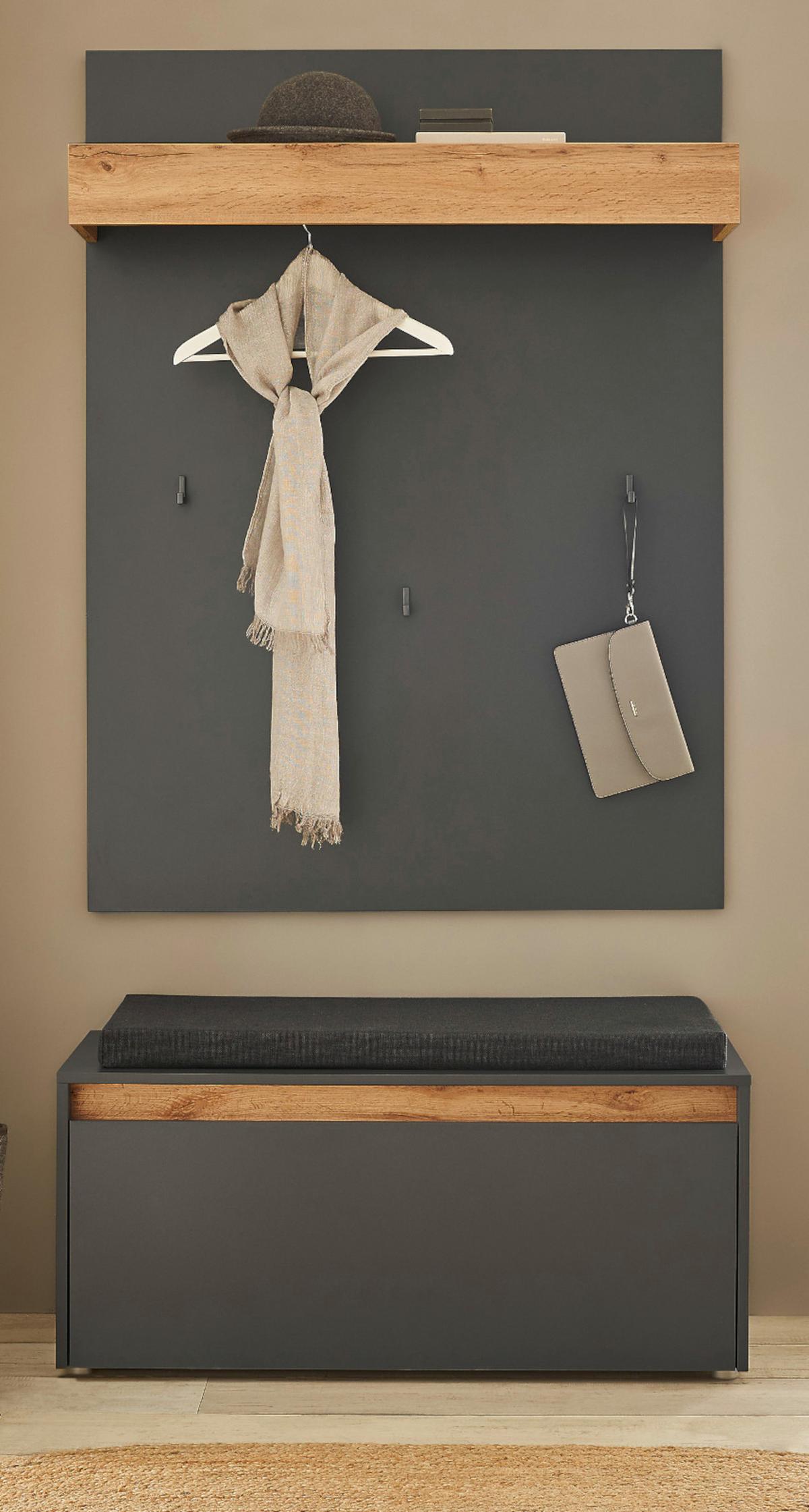 GARDEROBEN-SET 3-teilig grau matt, Eiche Wotan 100 cm, Flurgarderobe inklusive Sitzkissen - Eiche Wotan/Silberfarben, Holzwerkstoff/Kunststoff (100/200/40cm) - Furn.Design