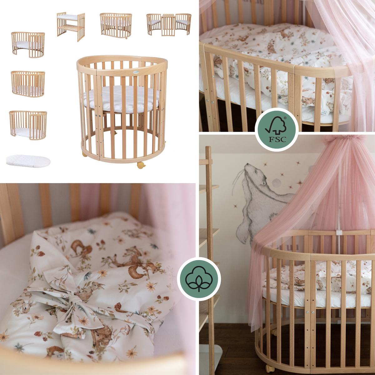 BABYBETT NATUR OVAL 7in1 mit Matratze und Himmelset - Naturfarben/Rosa, Holz/Textil (73/125cm) - waldin