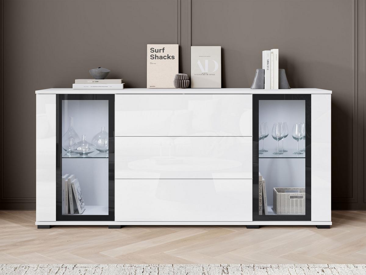SIDEBOARD Caro SB 150 2D3S mit weißer LED Beleuchtung - Schwarz/Weiß, Holzwerkstoff/Kunststoff (150/70/40cm) - MIRJAN24