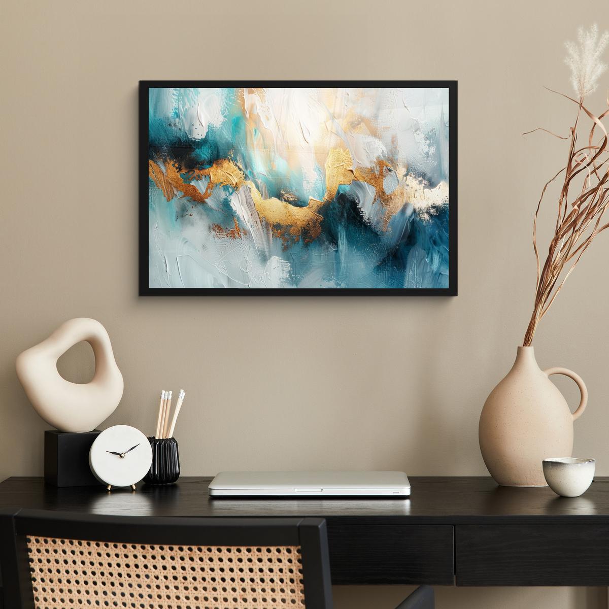 POSTER MIT RAHMENGERAHMTES BILD Abstrakt - Kunst - Gold - Blau 60x40 cm - Petrol, Papier (60/40cm) - MuchoWow
