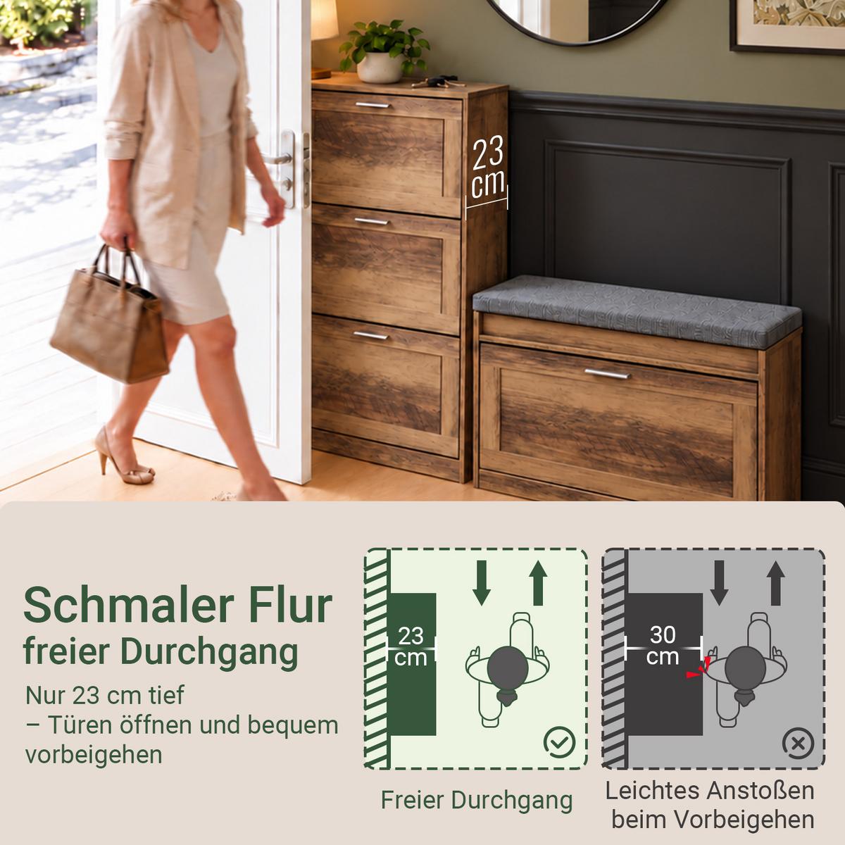 SCHUHSCHRANK Braun, nur 23 cm tief, 3 Klappen für ca. 12 Paar, offene Ablage oben, E1, bis 25 kg, für Flur & Diele - Silberfarben/Braun, Holzwerkstoff/Metall (60/115/23cm) - SoBuy