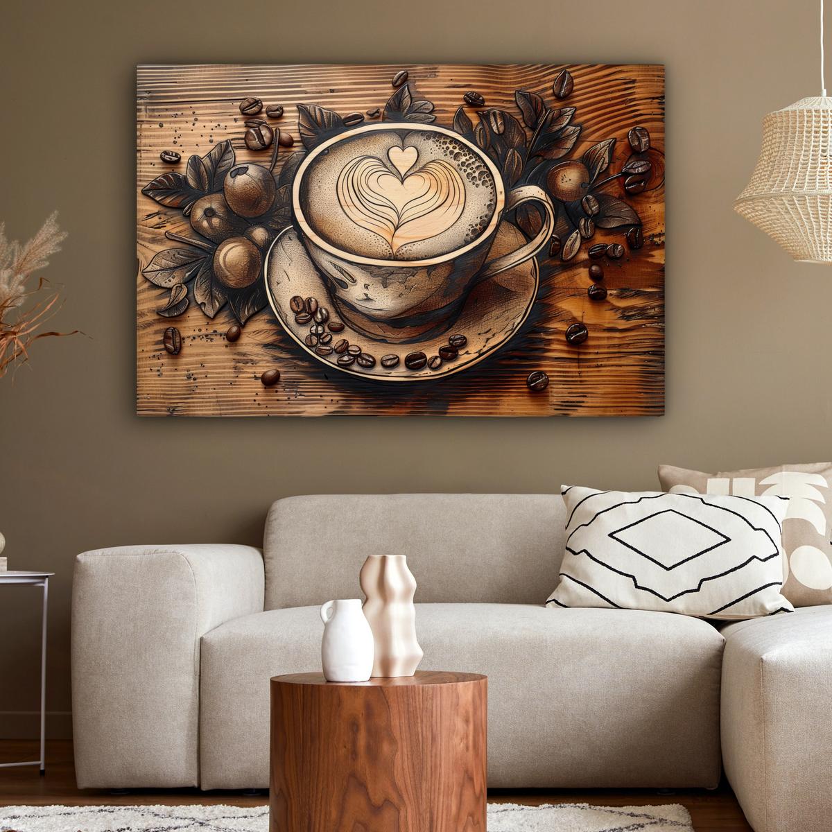 LEINWANDBILD Kaffee - Vintage - Braun - Tasse - Holz Groß 140x90 cm - Braun, Textil (140/90cm) - MuchoWow