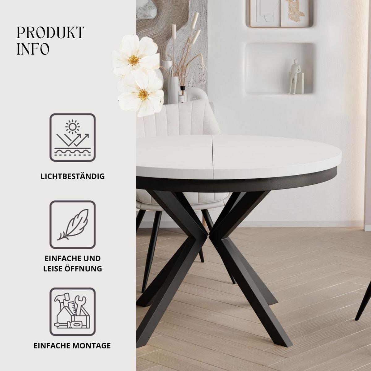 AUSZIEHTISCH MILTON 90-166/76 cm mit Metallgestell und Zarge, Schwarz / Arktisweiß - Schwarz/Weiß, Holzwerkstoff/Metall (90/90/76cm) - Idohome