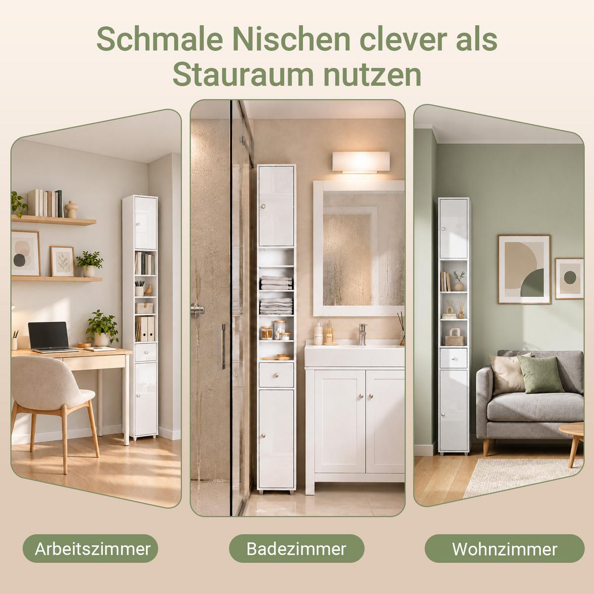 HOCHSCHRANK, Weiß, Badezimmerschrank schmal 20x20x180 cm, 6 Böden & Schublade, neben der Waschmaschine - Silberfarben/Weiß, Holzwerkstoff (20/180/20cm) - SoBuy