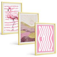 BILDER SET 3er Set - 40x60 cm Goldrahmen - Pastelllandschaft mit rosa Flamingos - Goldfarben, Kunststoff (40/60cm) - TULUP