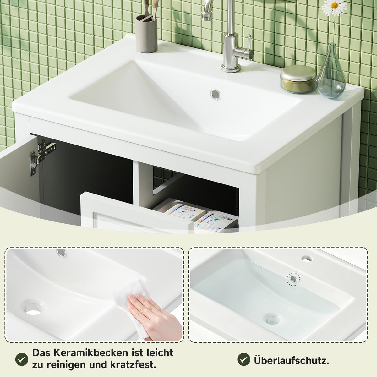 WASCHTISCH Freistehend mit Keramikbecken & 3 Schubladen 62cm - Weiß, Holzwerkstoff (62/90/47cm) - Urban Meuble