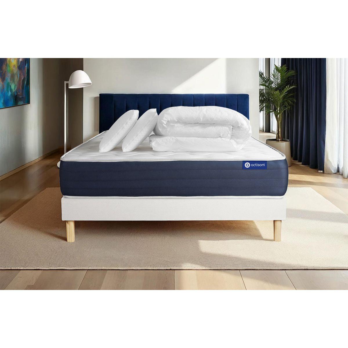 BETT Actilatex sleep Latex und Memory-Schaum 160 x 200 cm h1 - Kit Bettgestell Weiß - Mit Kissen und Bettdecke - Beige/Weiß, Karton/Holz (160/200cm) - ACTISOM
