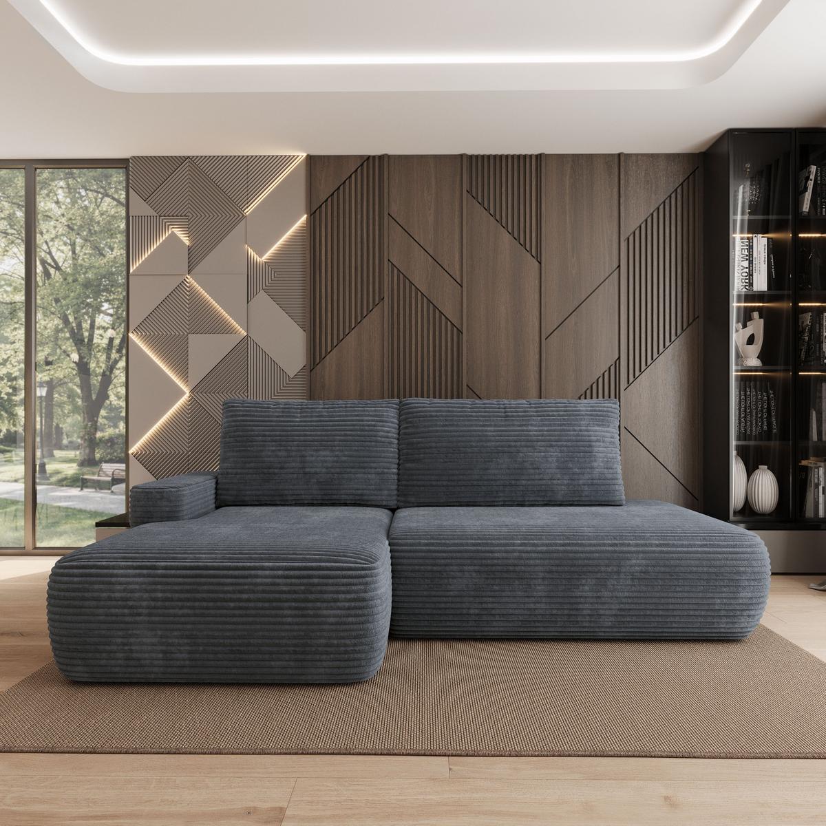 ECKSOFA AVINI T L-S Grau Kordstoff mit Schlaffunktion - Grau, Holzwerkstoff/Textil (277/160cm) - MASSENO