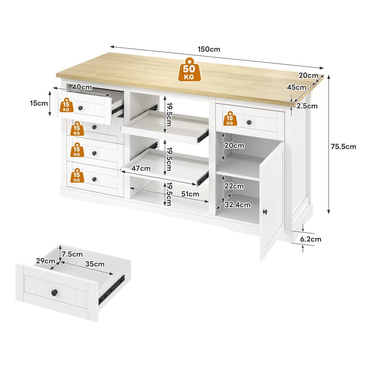 KÜCHENINSEL mit Arbeitsplatte, Schubladen & Stauraum – Weiß/Eiche, 150 cm - Weiß, Holzwerkstoff/Metall (150/76/65cm) - Urban Meuble