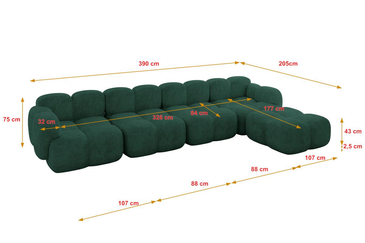ECKSOFA modulares Sofa Rechts Miko-L3 390x205x75 Grün Velours - Schwarz/Grün, Holzwerkstoff/Kunststoff (390/205cm) - ALTDECOR