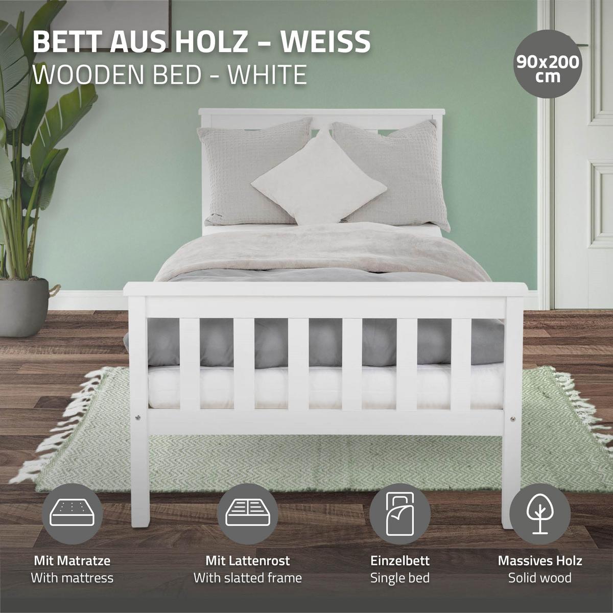 HOLZBETT 90x200 cm Weiß Kiefernholz mit Lattenrost und Matratze H10cm - Weiß, Holz (90/200cm) - ML-DESIGN