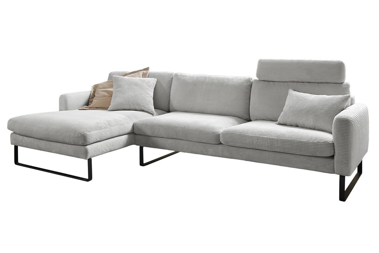 ECKSOFA RICARDA Hellgrau Cord - Hellgrau/Schwarz, Textil/Metall (298/154cm) - KAWOLA