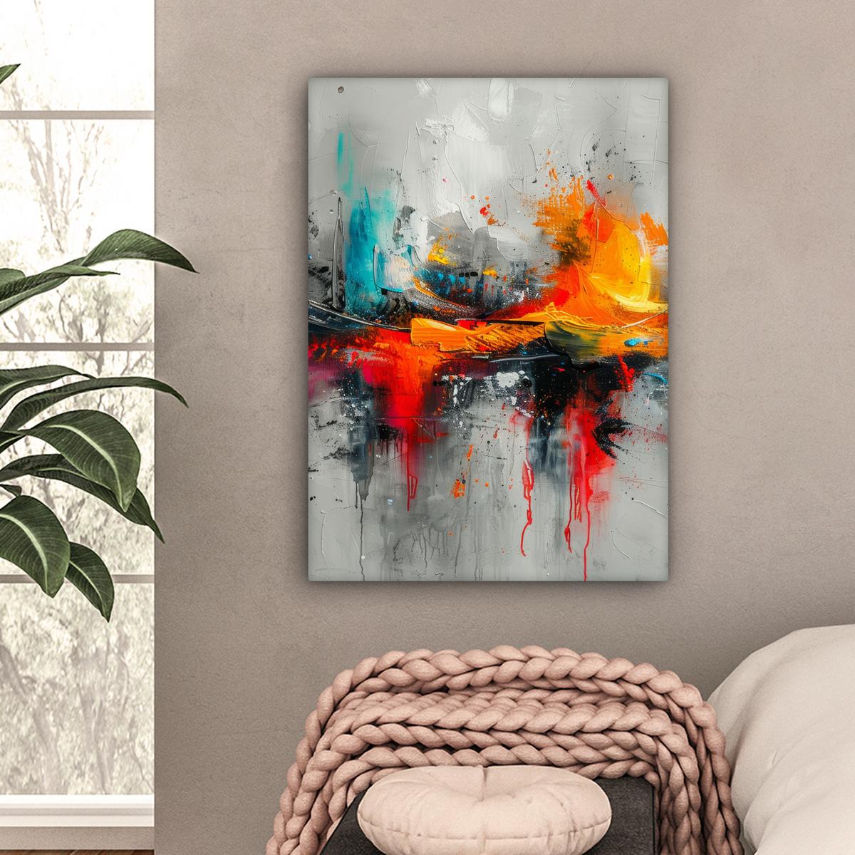 LEINWANDBILD Moderne Kunst - Orange - Grau - Abstrakt Wandbild Wohnzimmer 60x80 cm - Hellgrau, Textil (60/80cm) - MuchoWow