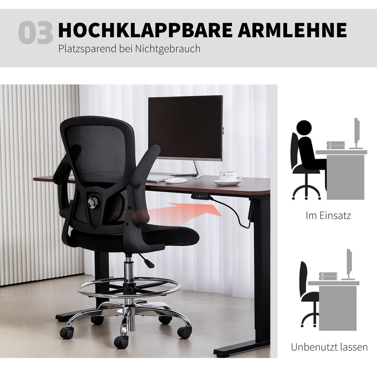 BÜROSTUHL mit Hochklappbar Armlehne Verstellbarer Fußring und 4D-Lendenstütze - Schwarz, Kunststoff/Textil (60/132/60cm) - HOMCOM