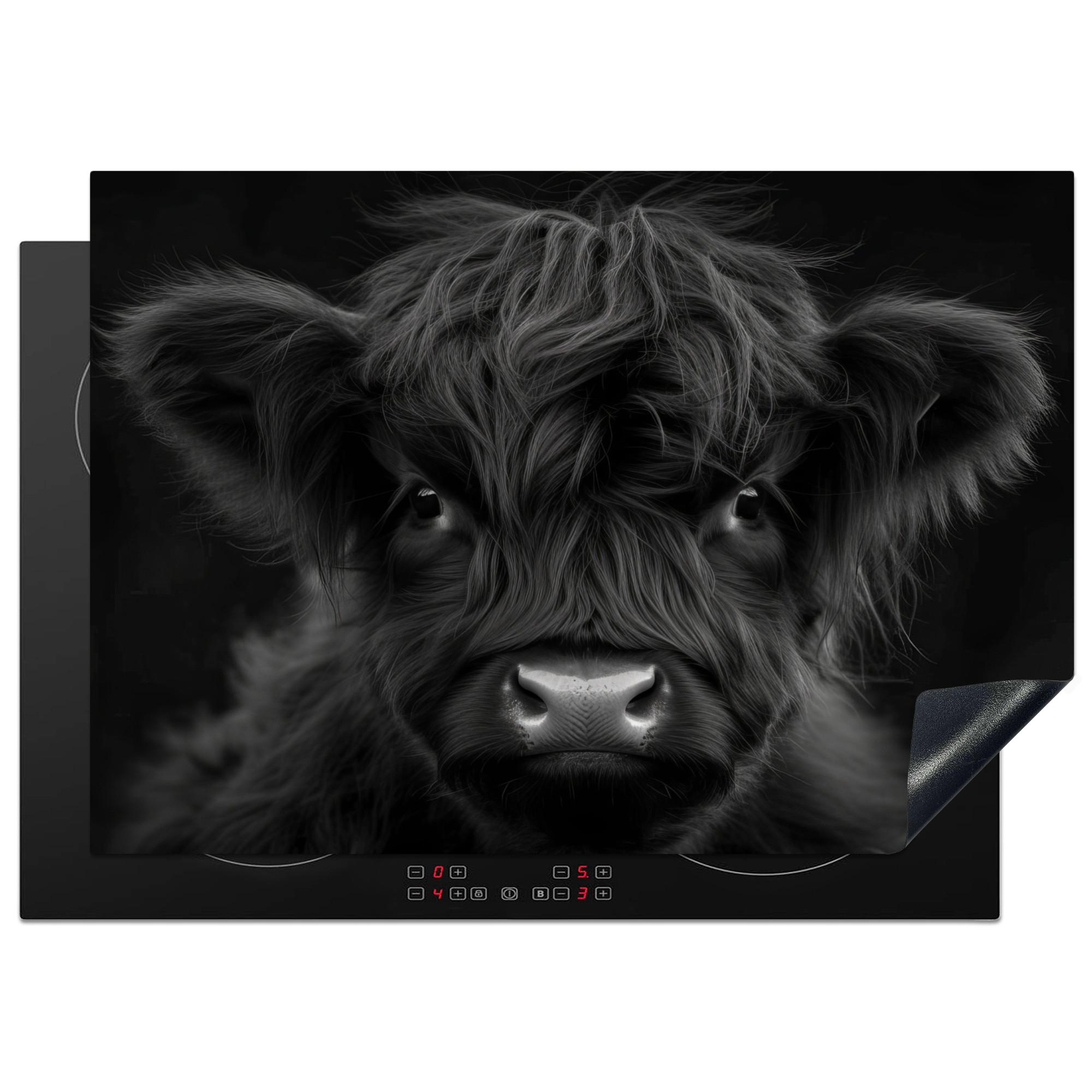 HERDABDECKPLATTE Scottish Highlander - Schwarz - Kalb - Kuh Herdabdeckung Induktionsfeld 75x52 cm - Schwarz, Kunststoff (75/52/0.2cm) - MuchoWow