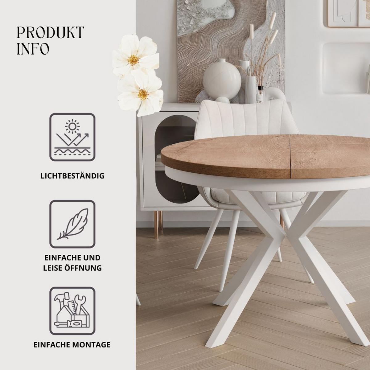 AUSZIEHTISCH MILTON 90-166/76 cm mit Metallgestell und Zarge, Weiß / Lefkas-Eiche - Eiche San Remo/Weiß, Holzwerkstoff/Metall (90/90/76cm) - Idohome