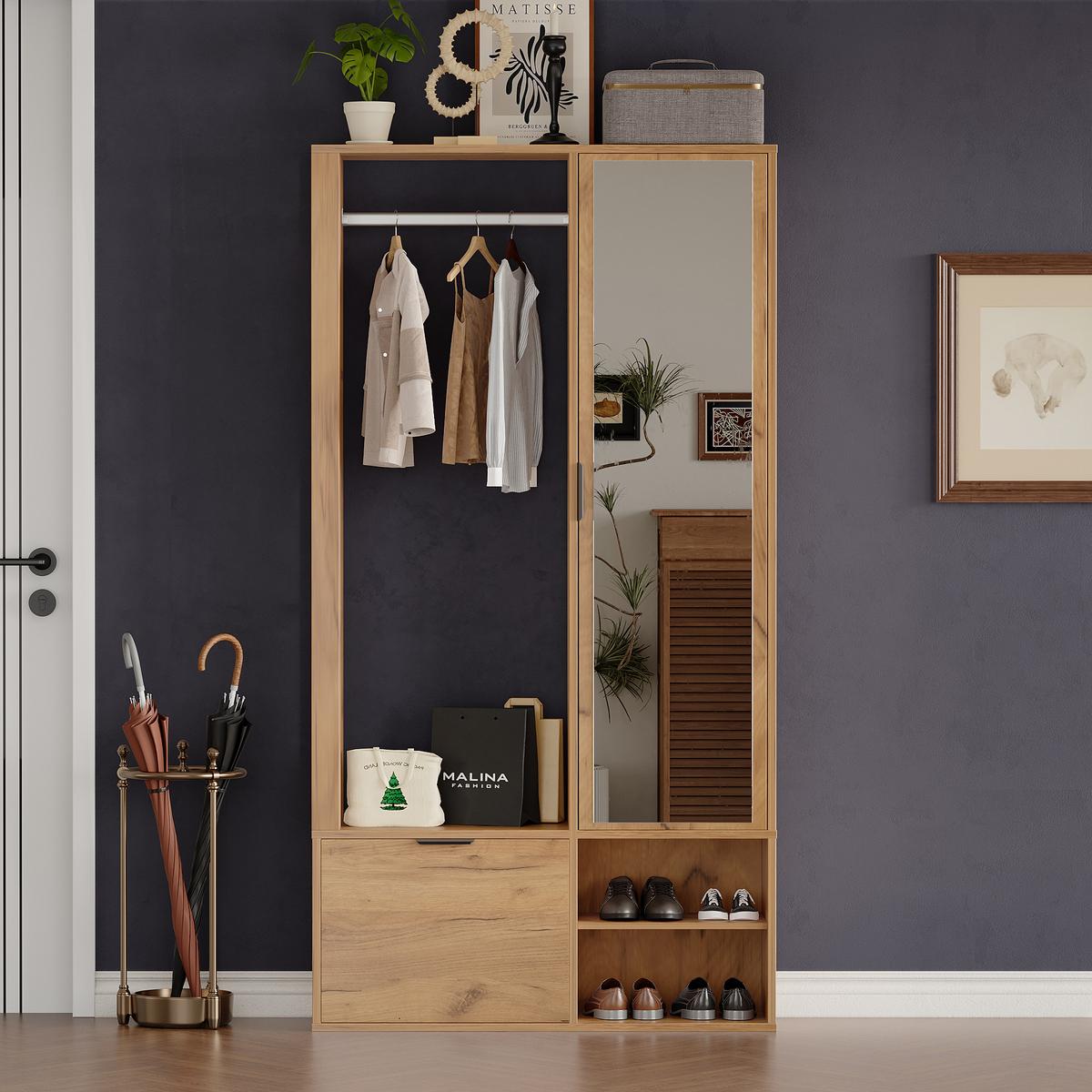 KLEIDERSCHRANK 6-in-1 mit Spiegel, & Wäscheständer Holzfarbe - Naturfarben, Holzwerkstoff (100/190/33cm) - Urban Meuble