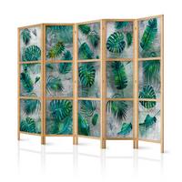 PARAVENT Japanischer 5-tlg 225x172 cm Tropische Bl tter - Grün, Holz/Textil (225/172/3cm) - Muralo