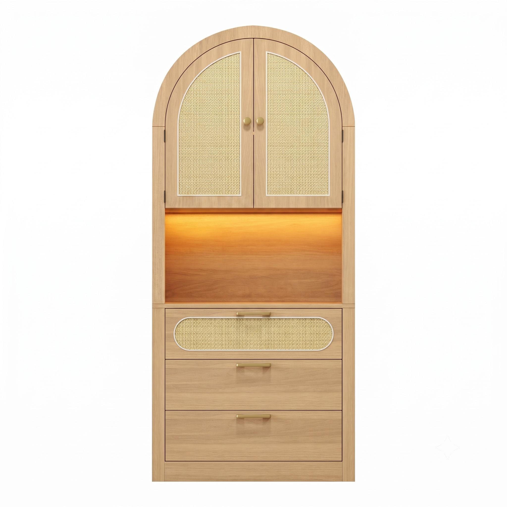 HIGHBOARD in heller Eiche-Optik mit Rattantüren, mit LED-Beleuchtung und viel Stauraum - Naturfarben, Holzwerkstoff (80/180/35cm) - Urban Meuble