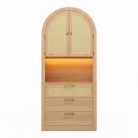 HIGHBOARD in heller Eiche-Optik mit Rattantüren, mit LED-Beleuchtung und viel Stauraum - Naturfarben, Holzwerkstoff (80/180/35cm) - Urban Meuble