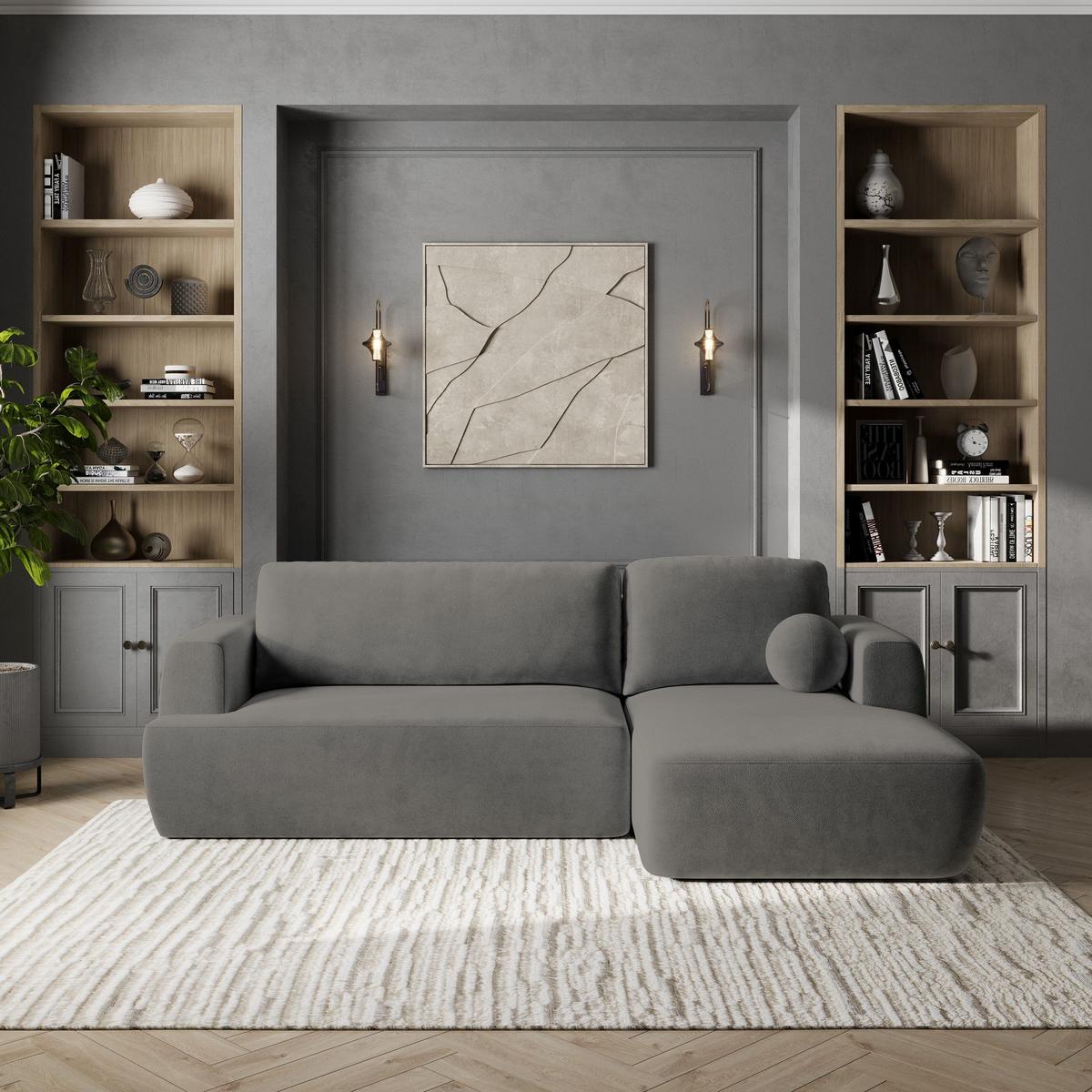ECKSOFA SENTI K R-S Grau Plüsch-Stoff mit Schlaffunktion - Schwarz/Grau, Holz/Kunststoff (246/148cm) - MASSENO