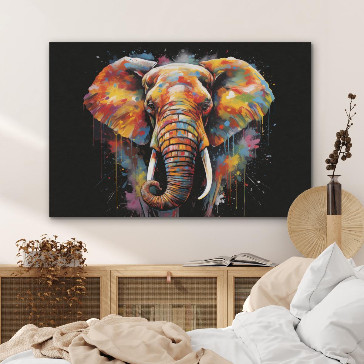 AKUSTIKBILD Elefant - Graffiti - Schwarz - Tiere - Farben Wandbild Wohnzimmer 100x70 cm - Schwarz, Kunststoff (100/70/0.9cm) - MuchoWow