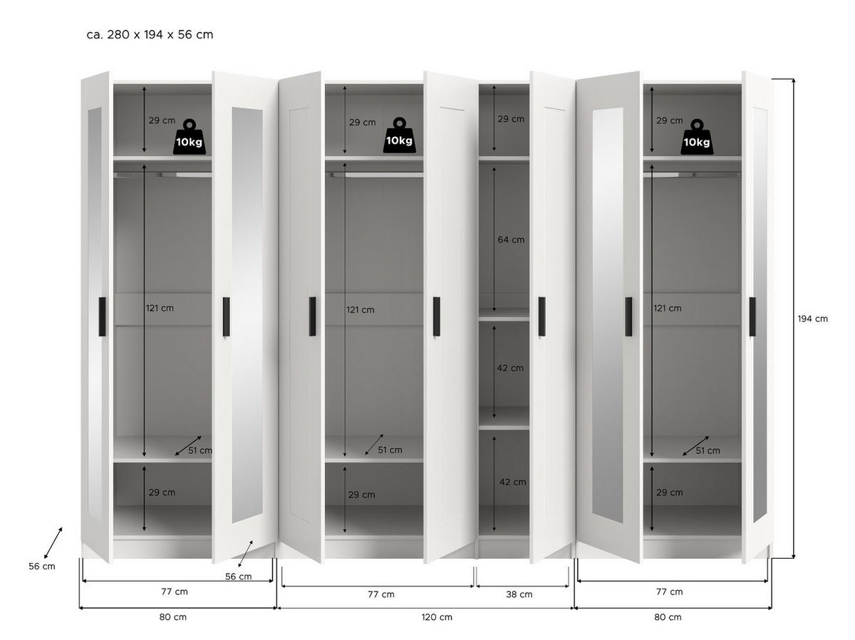 KLEIDERSCHRANK in weiß 280 x 194 cm skandinavisch, Wäscheschrank 7-türig mit Spiegel - Schwarz/Weiß, Glas/Holzwerkstoff (280/194/56cm) - Inn.Furn