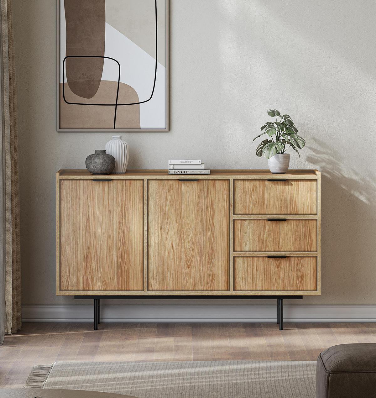 SIDEBOARD Nordiva 2T 3S Hikora Natur 150/90/40 cm – Metallgestell - Schwarz/Naturfarben, Holzwerkstoff/Metall (150/91/40cm) - AX Living