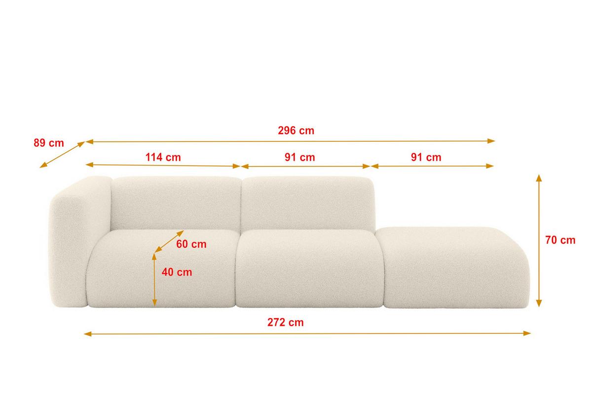 SOFA Ottomane Links MIRA-S3 296x89x70 Beige Bouclé - Kaschmir/Beige, Holzwerkstoff/Kunststoff (296/70/89cm) - ALTDECOR