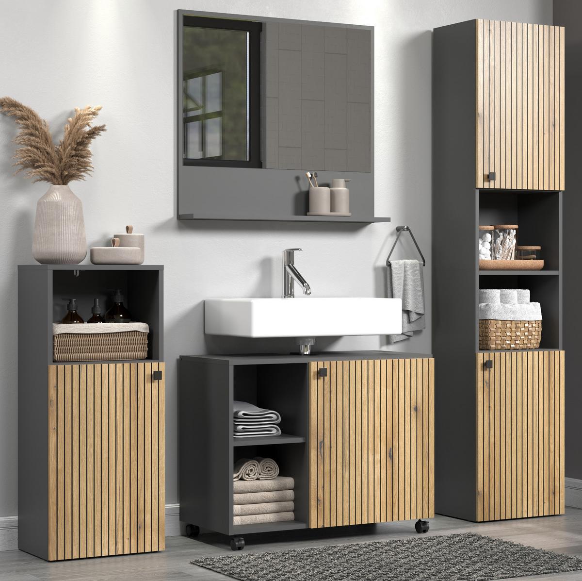 BADMÖBEL-SET Evoke Eiche, grau 180 x 186 cm 4-teilig, Badkombination in modernem Design - Eichefarben/Anthrazit, Holzwerkstoff/Metall (31/95/40cm) - Top.Furn