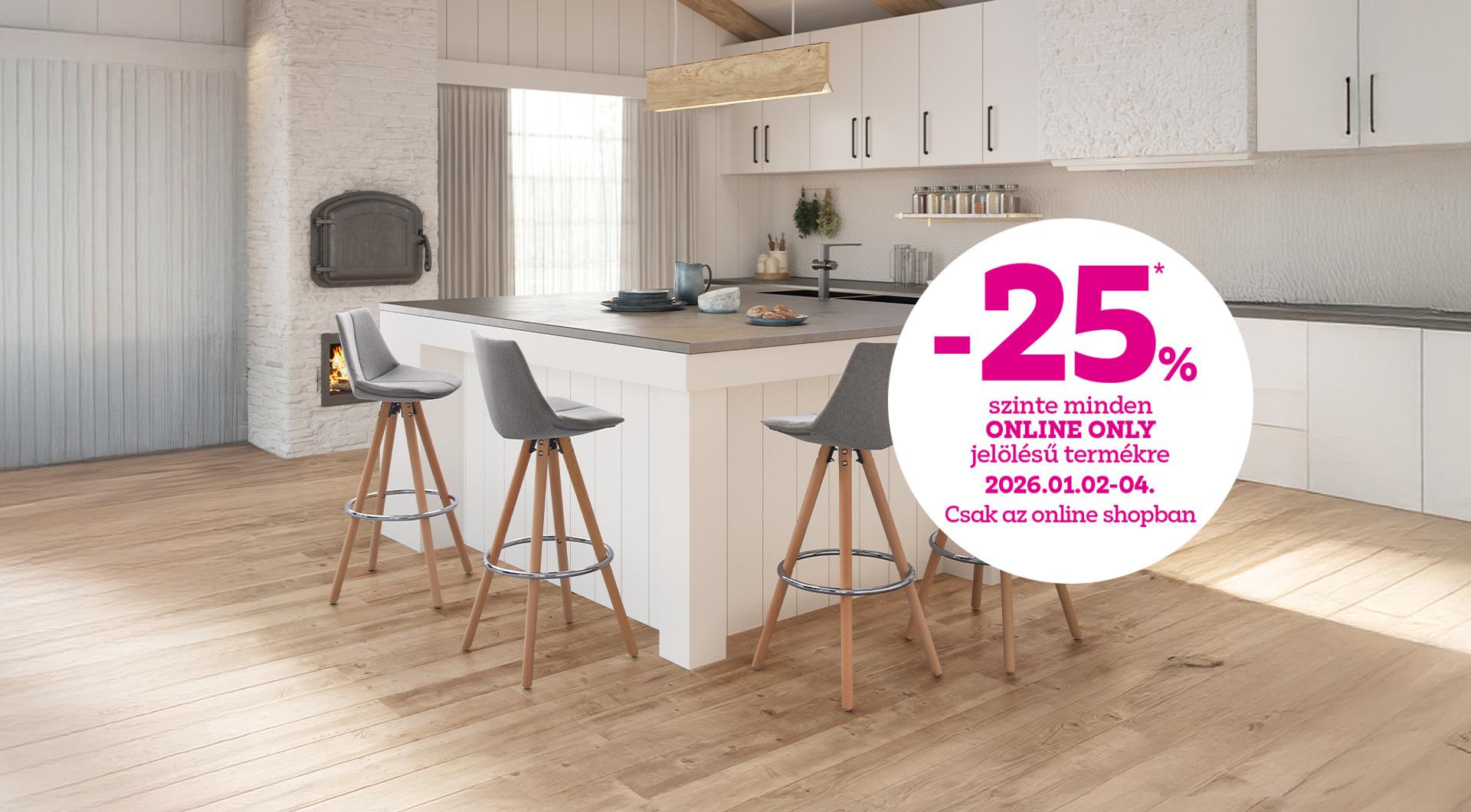 -25% szinte minden ONLINE ONLY jelölésű termékre 2026.01.02-04. között csak az online shopban!