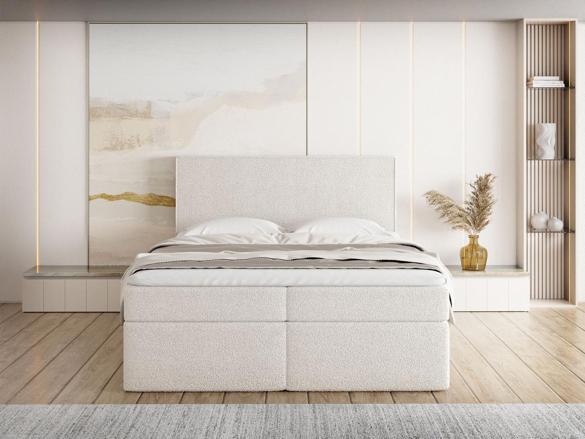 BOXBETT Terra mit Bettkasten, Boucle Creme, Weiß 120/200 cm – 7-Zonen Taschenfederkern-Matratze & Komfortschaum-Topper - Beige/Weiß, Kunststoff/Textil (120/200cm) - WFL GROUP
