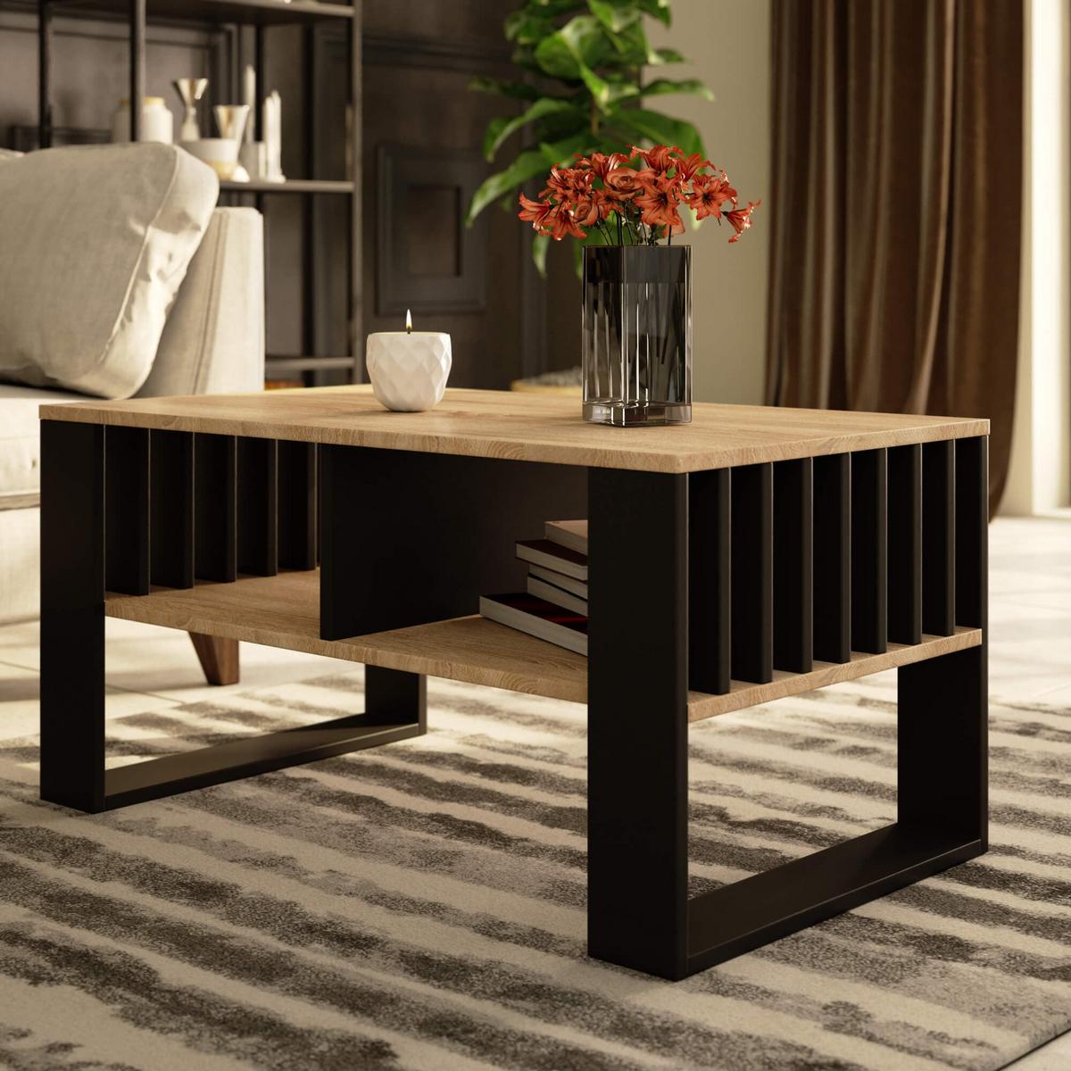 COUCHTISCH Eiche Sonoma, Schwarz 45/92/53 - Schwarz, Textil (53/92/45cm) - RAUMHIRSCH FURNITURE