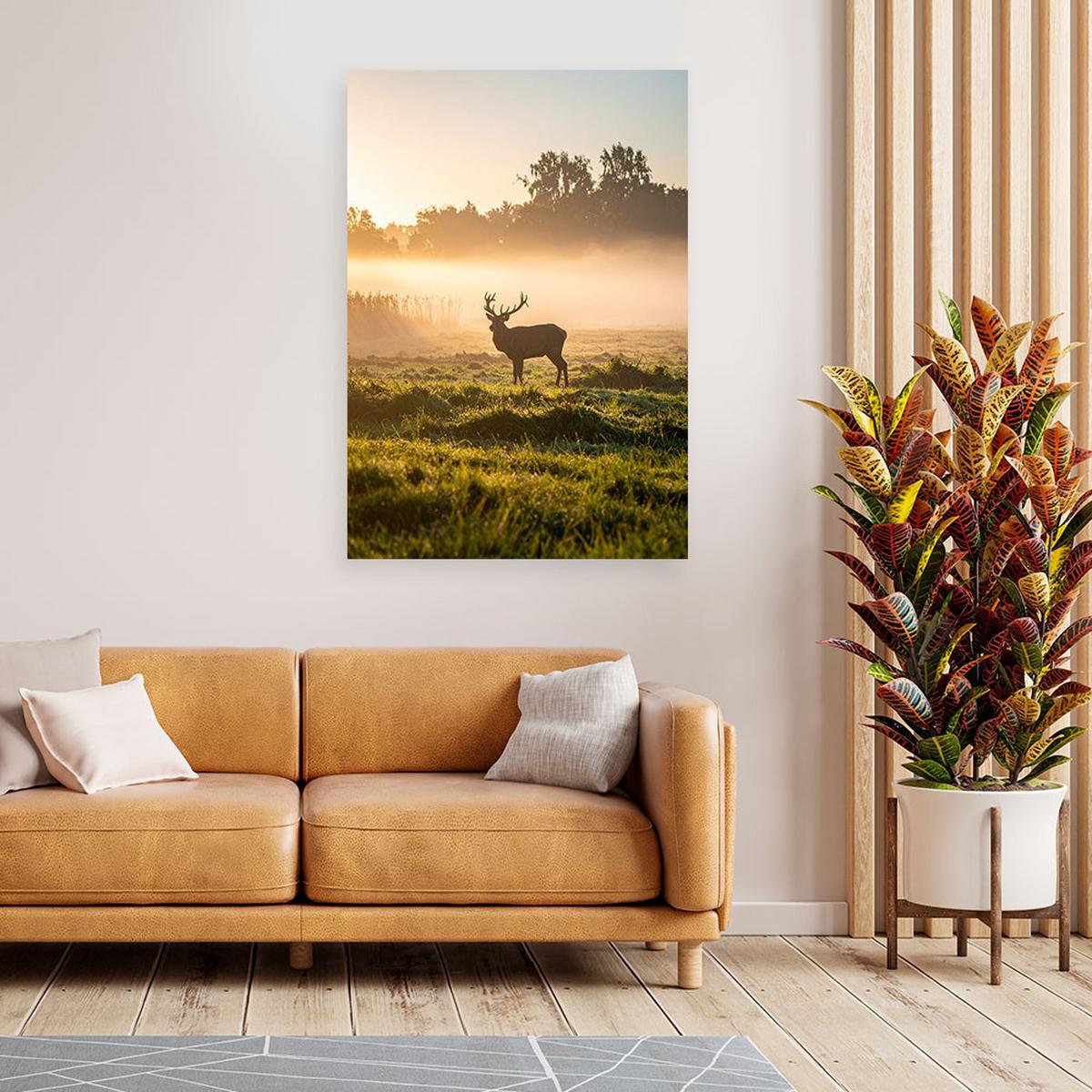 LEINWANDBILD Hirsch in der Brunft im Nebel 60x90cm - Beige, Textil (60/90cm) - Feeby