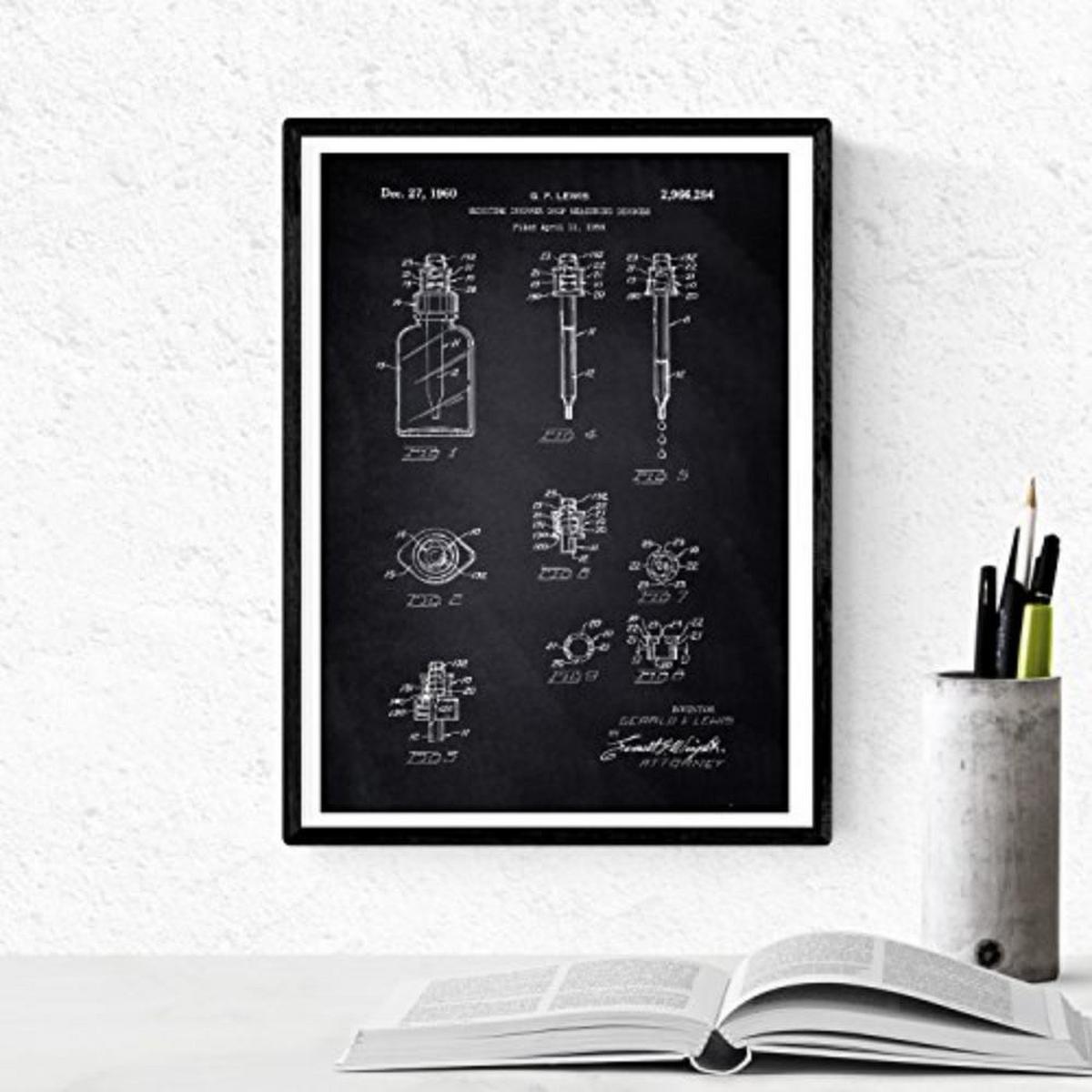 POSTER Set mit 4 Schwarz Apotheke Patent A4 Schwarzer Rahmen - Schwarz, Papier (29.7/3cm) - Nacnic