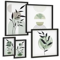 BILDER SET 5er Set - 50x50 cm & 20x30 cm & 40x60 cm Schwarzer Rahmen - Boho-Pflanzenkompositionen - Schwarz, Kunststoff (40/60cm) - TULUP