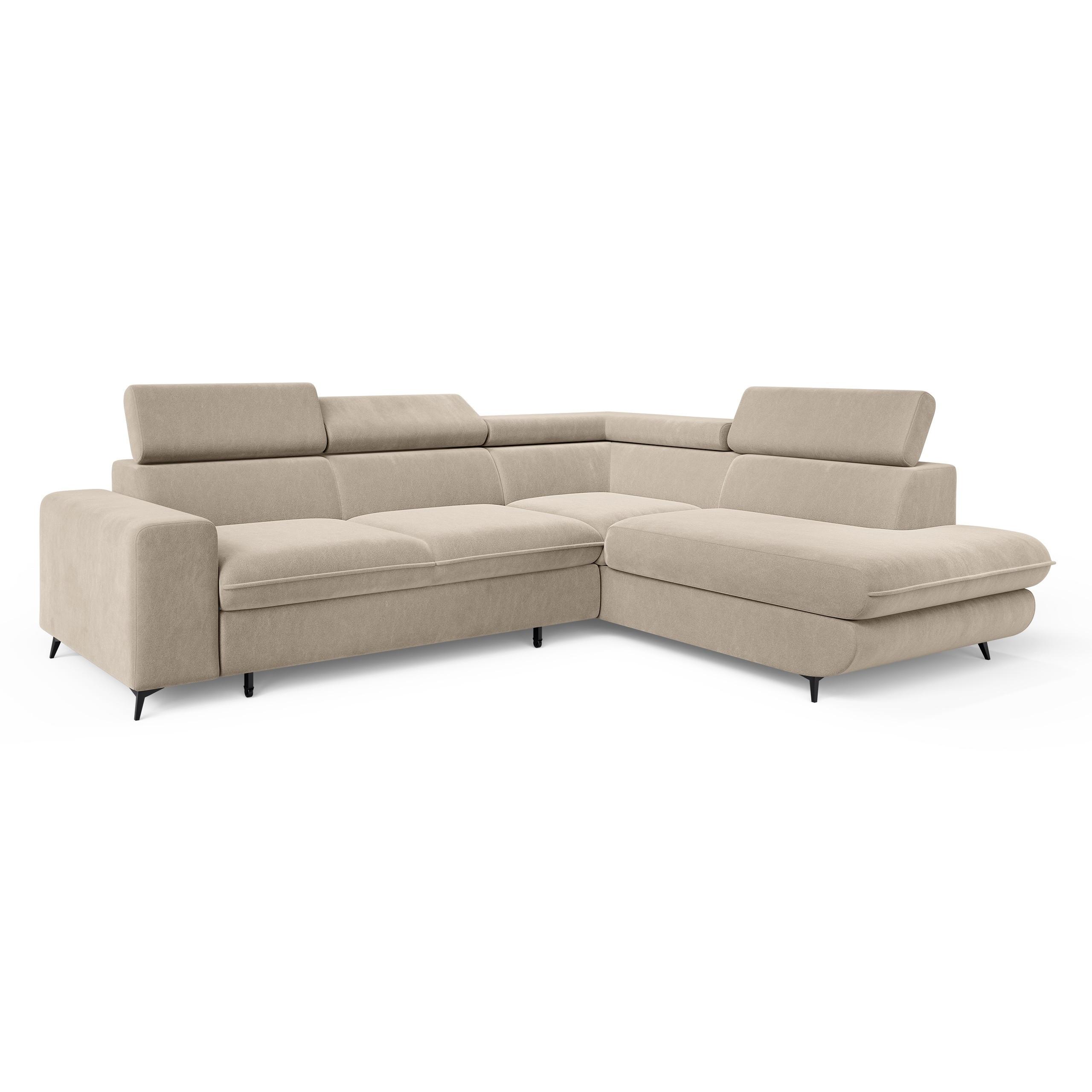 ECKSOFA VELISS Creme Veloursstoff mit Schlaffunktion - Creme, Holz (255/193cm) - MASSENO