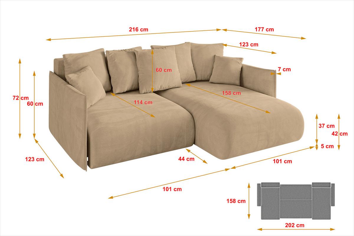 ECKSOFA Ottomane rechts ONESK-L 216x177x72 Grün Velours - Beige, Holzwerkstoff/Kunststoff (177/216cm) - ALTDECOR