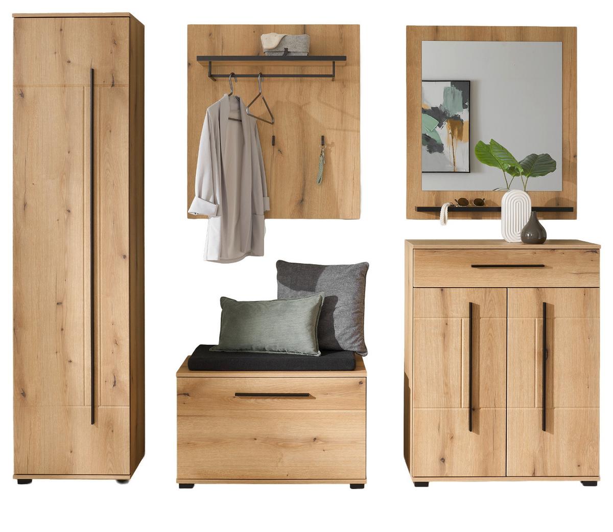 GARDEROBEN-SET Evoke Eiche 6-teilig 230 cm, Flurgarderobe mit Soft-Close - Dunkelgrau/Eichefarben, Glas/Holzwerkstoff (230/200/40cm) - Furn.Design