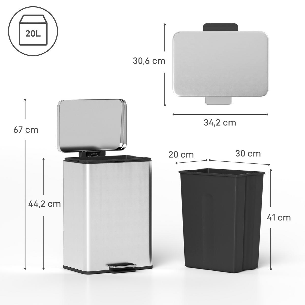 MÜLLEIMER 20 L Treteimer mit Softclose-Deckel, Pedal, Abfalleimer mit Inneneimer - Silberfarben, Metall (30.6/44.2/34.2cm) - HOMCOM