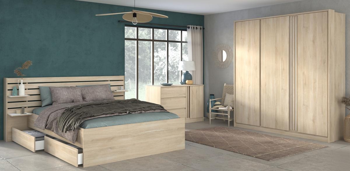 STAURAUMBETT Eiche japanisch, Bett Liegefläche 180 x 200 cm - Eichefarben, Holzwerkstoff/Metall (180/200cm) - Parisot Meuble
