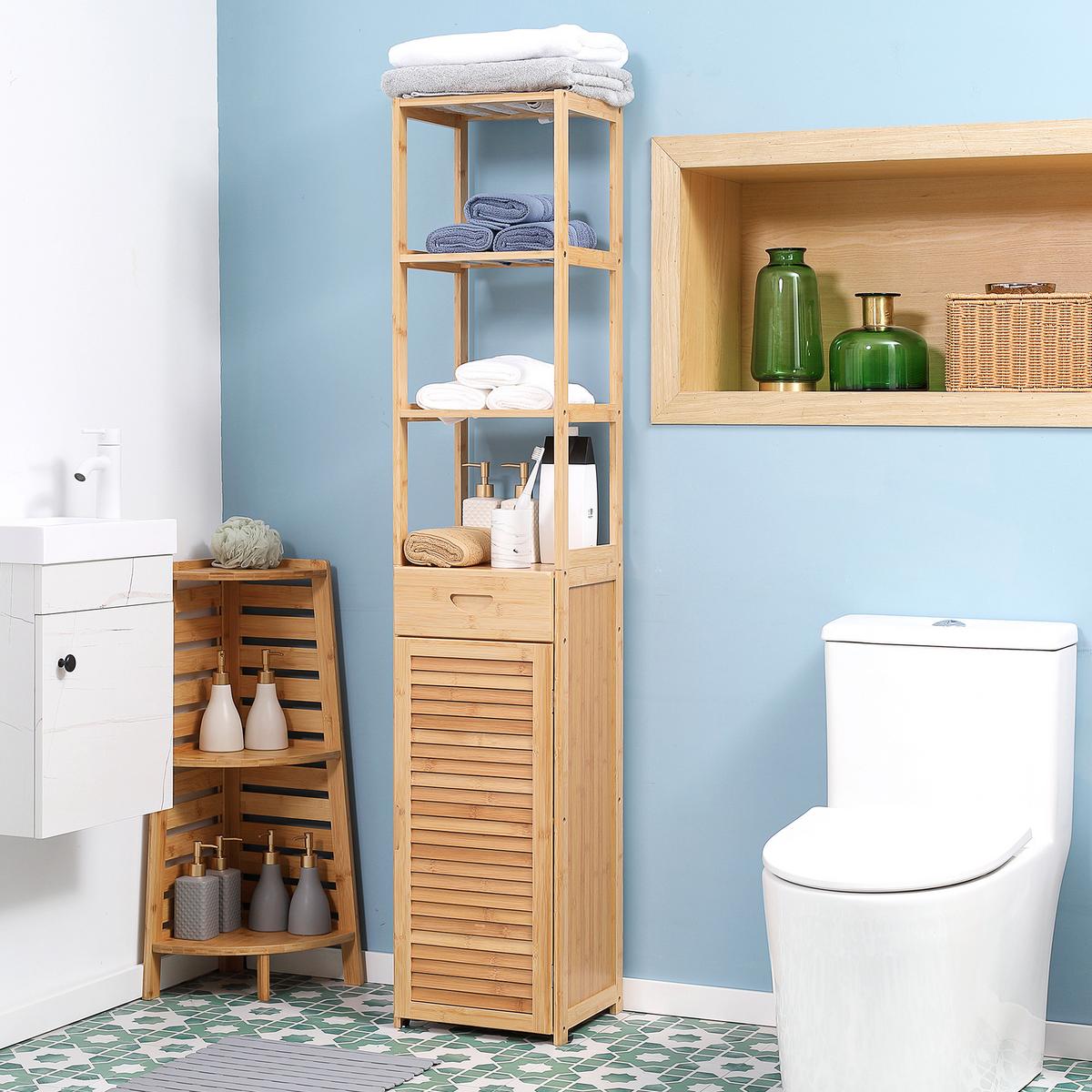 HOCHSCHRANK aus Bambus, 32 x 30 x 163 cm Naturholz - Naturfarben, Naturmaterialien (30/163/32cm) - Kleankin