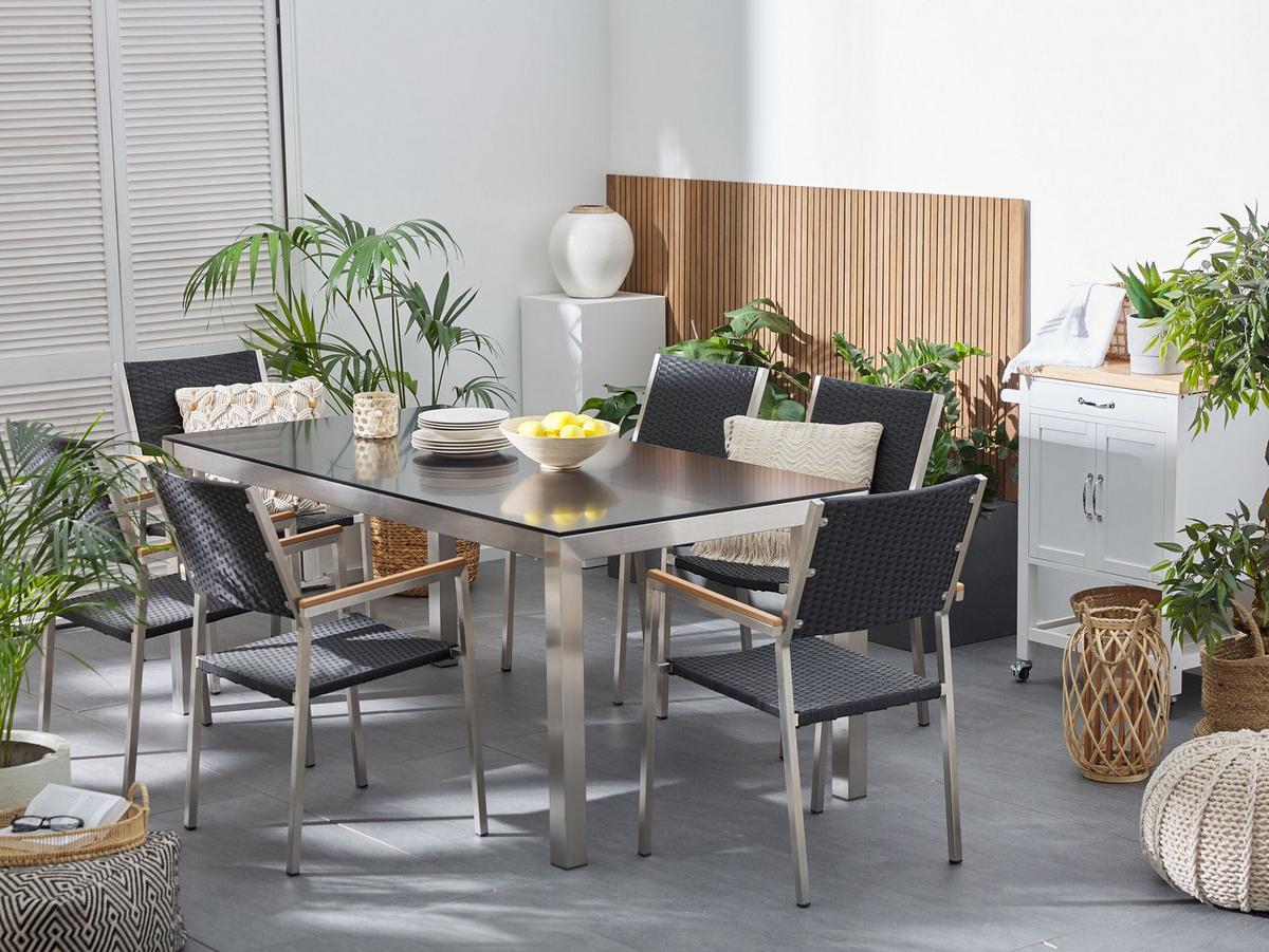 GARTENMÖBEL-SET 6-Sitzer Glasplatte schwarz Rattan schwarz Grosseto - Silberfarben/Schwarz, Glas - Beliani