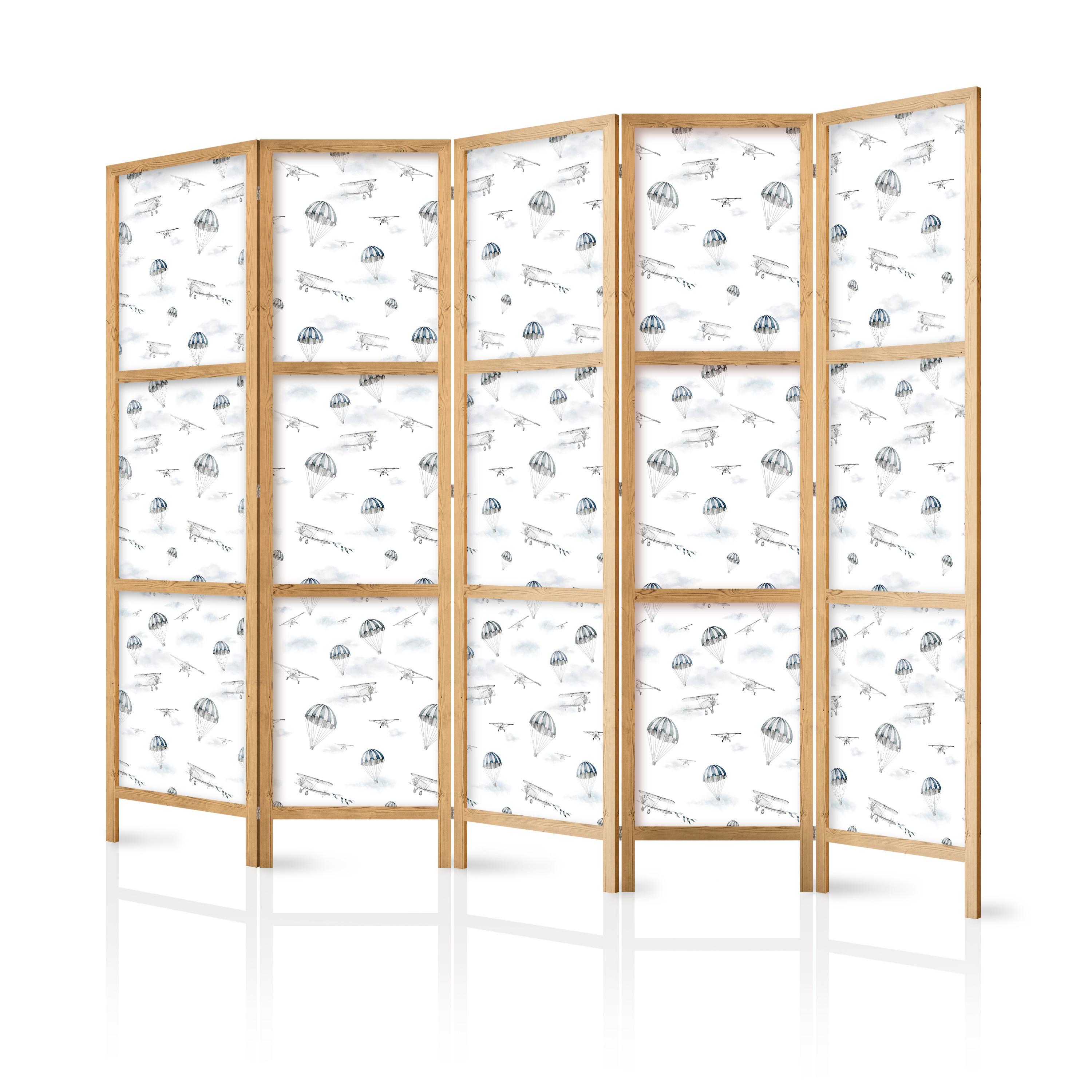 PARAVENT Japanischer 5-tlg 225x172 cm Flugzeuge Und Fallschirme - Weiß, Holz/Textil (225/172/3cm) - Muralo